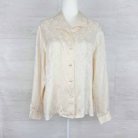 Vintage Lise J Washable Silk Button Down Blouse Size M Cream Jacquard Classy - Picture 1 of 14